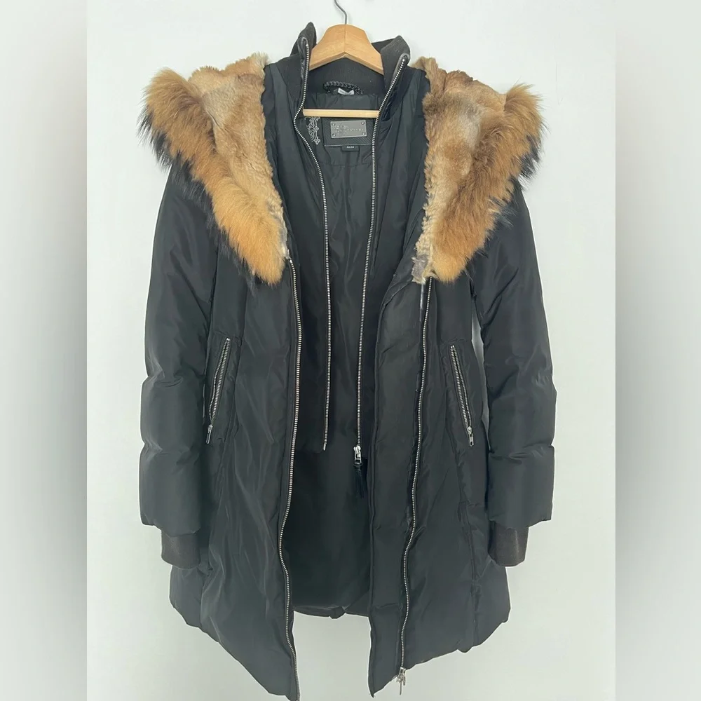 Mackage Black Coat with Brown Fur Trim - Picture 2 of 5